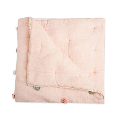 Crane Baby Cotton Muslin Pom Pom Blanket - Parker Rose 1 Crane Baby Cotton Muslin Pom Pom Blanket - Parker Rose