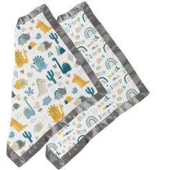 Bacati - Little Dino Rainbow Boys Muslin 2 Pack Security Blankets Aqua Teal Yellow Gray