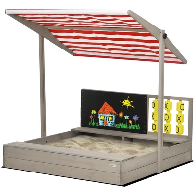 Outsunny Kids Sandbox With Adjustable Canopy, Bench Seats Wooden Sandbox, Backyard Toy With Chalkboard, Tic Tac Toe Game, Gift For Ages 3-7 3 Outsunny Kids Sandbox With Adjustable Canopy, Bench Seats Wooden Sandbox, Backyard Toy With Chalkboard, Tic Tac Toe Game, Gift For Ages 3-7 - Image 3